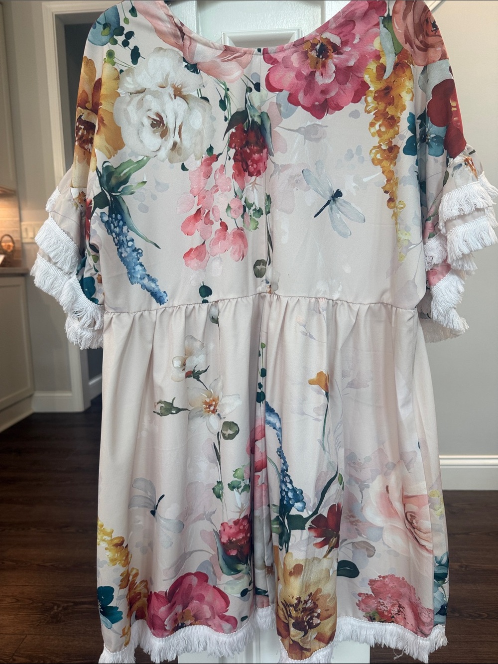 Bright Bold Floral Midi Flowy Dress with Fringe Like New M - Picture 6 of 7